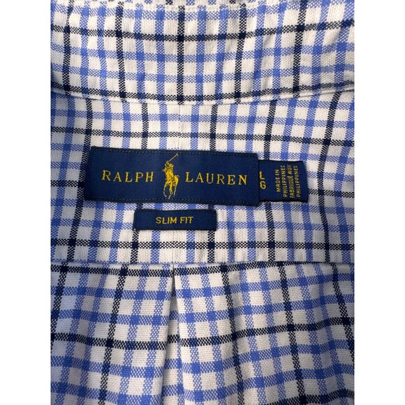 Polo Ralph Lauren Mens L Slim Fit Blue White Long Sleeve Button-Up Shirt Office - Picture 9 of 11